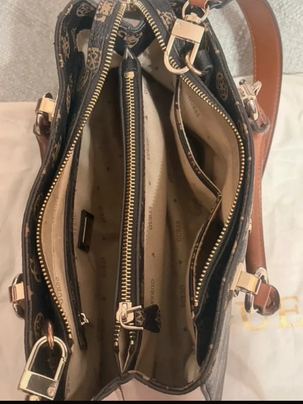 GUESS Brown Logo Monogram Satchel with Cream Panels